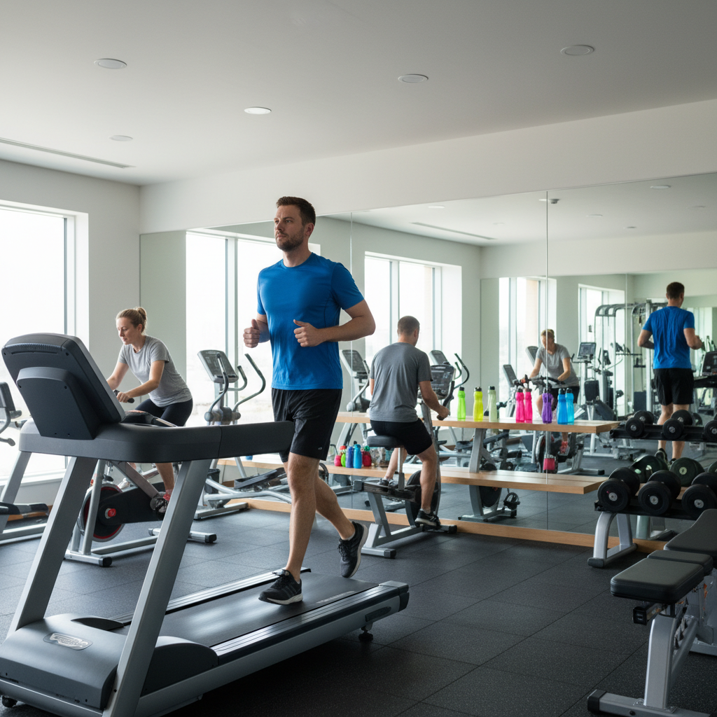 Een man traint op een loopband in een sportschool; op de achtergrond sporten anderen op fietsen en met gewichten.