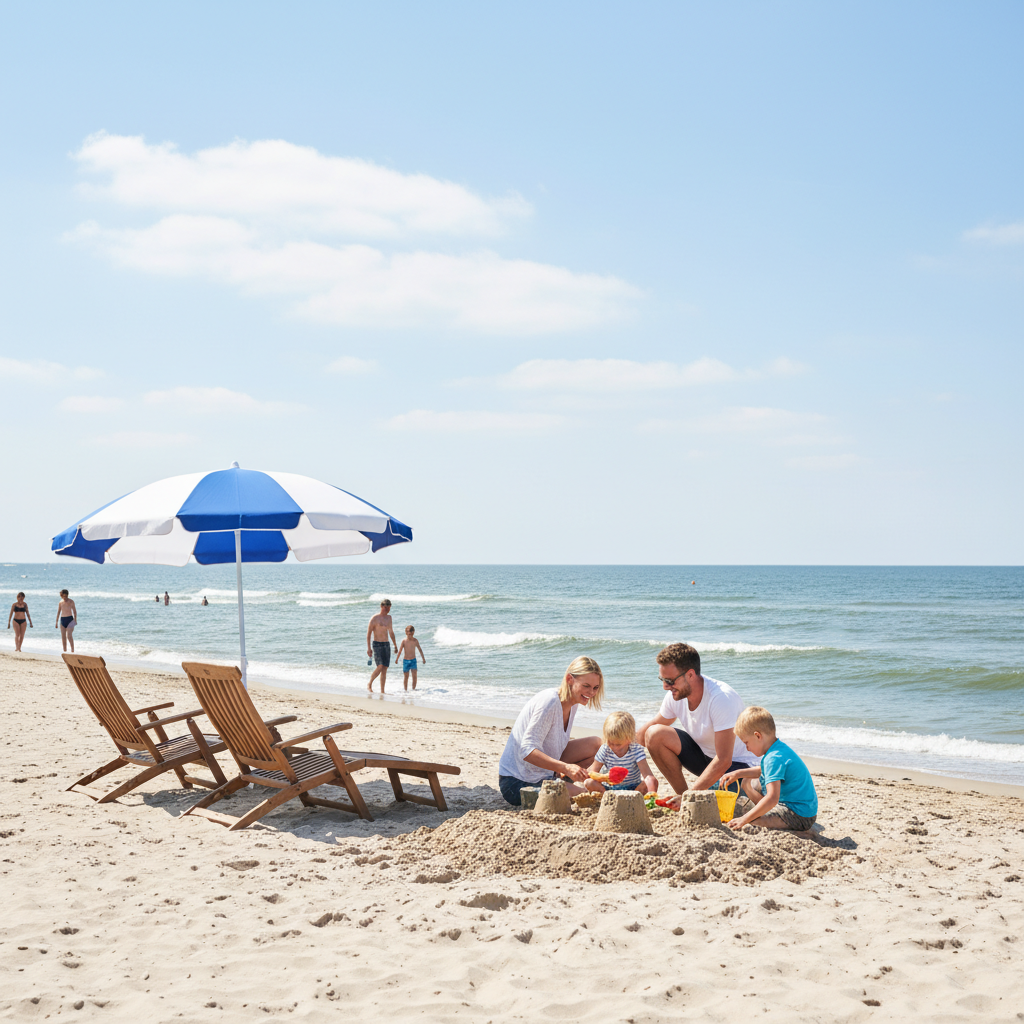 Een zandstrand met blauwe zee, strandstoelen en een parasol; een gezin bouwt een zandkasteel.