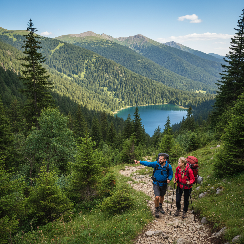 Groene bergen met een wandelpad; een stel wandelt met rugzakken langs bomen en een meertje.