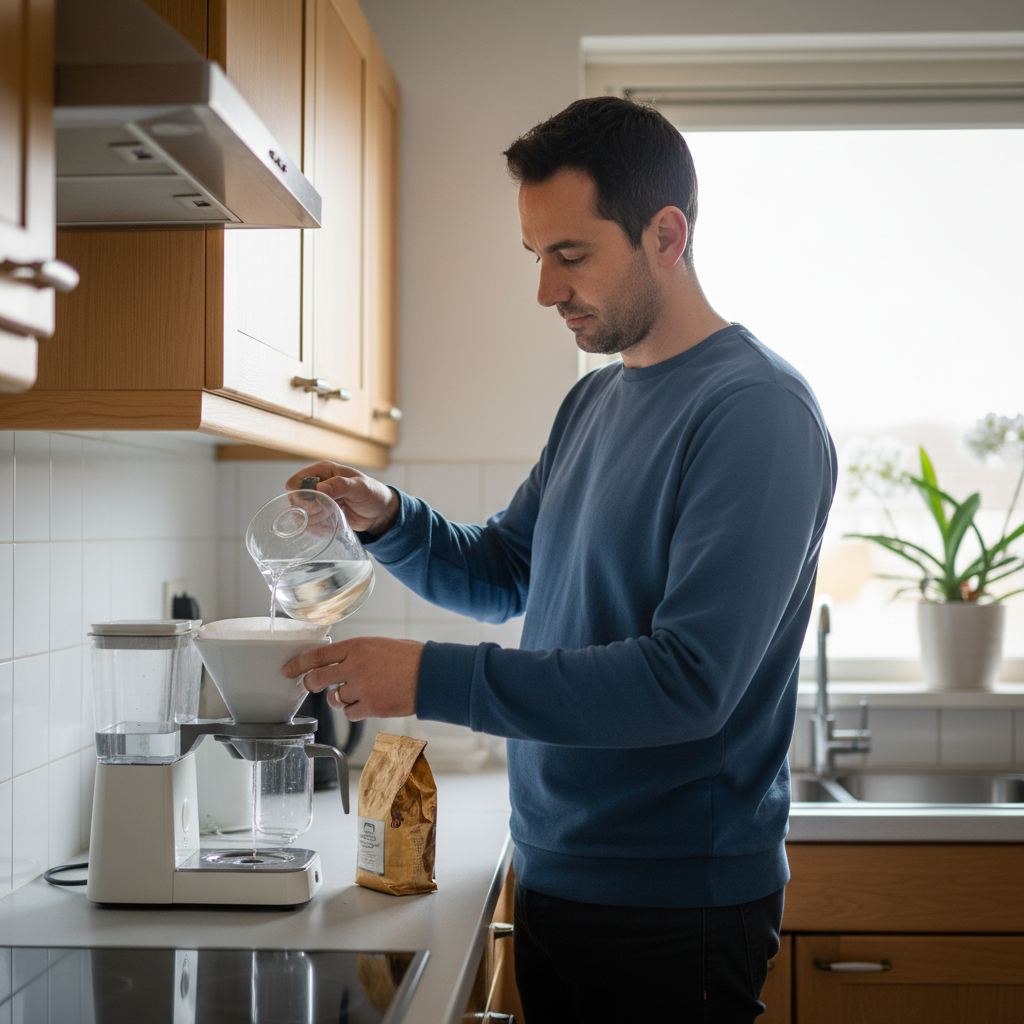 Een man vult een koffiezetapparaat met water en doet er een koffiefilter in.