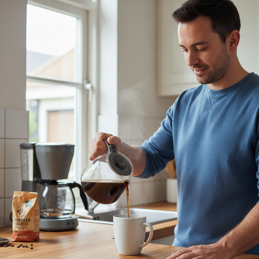 Dezelfde man schenkt koffie uit het apparaat in een witte mok.