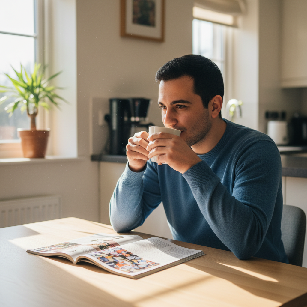 Hij zit aan een tafel koffie te drinken en een tijdschrift te lezen.